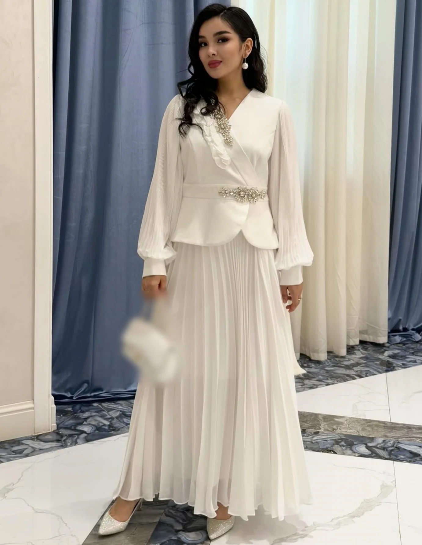 Customized Fashion Intricate Chiffon Sequined Pleat A-line V-neck Midi Dresses Bespoke Occasion Matching