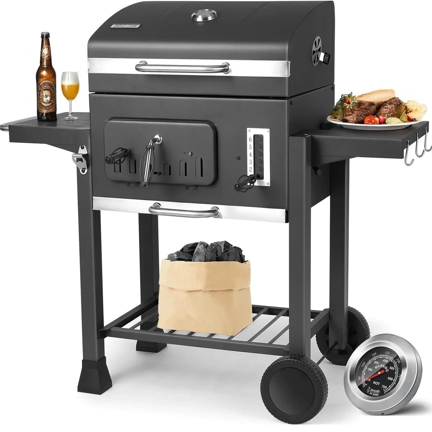 Grote houtskoolbarbecue met extra groot kookoppervlak, buitenbarbecue met opklapbare houtskoolbakken en 2 zijtafels, wielen - afbeelding 2
