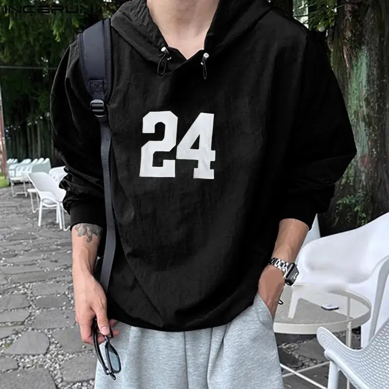 INCERUN Men Long Sleeve Hooded Sweatshirts 2024 Autumn Casual Printed Tops Well Fitting Elegant Hoodies Oversize Korean Style