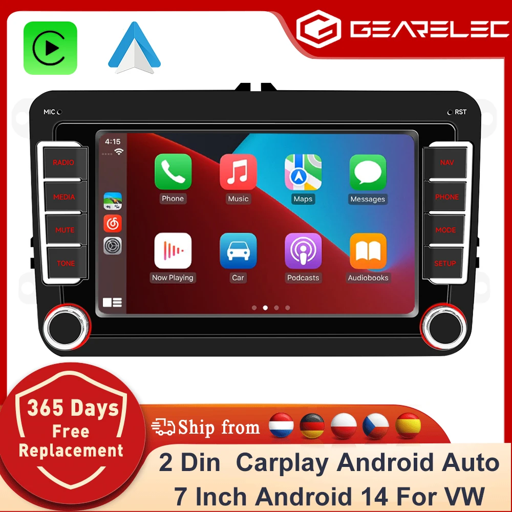 GEARELEC 2 DIN Autoradio mit Carplay für VW Volkswagen Skoda Octavia Golf 5 6 Touran Passat B6 Polo Jetta Android 14 2 Din Multimedia-Player Android Auto Autoradio