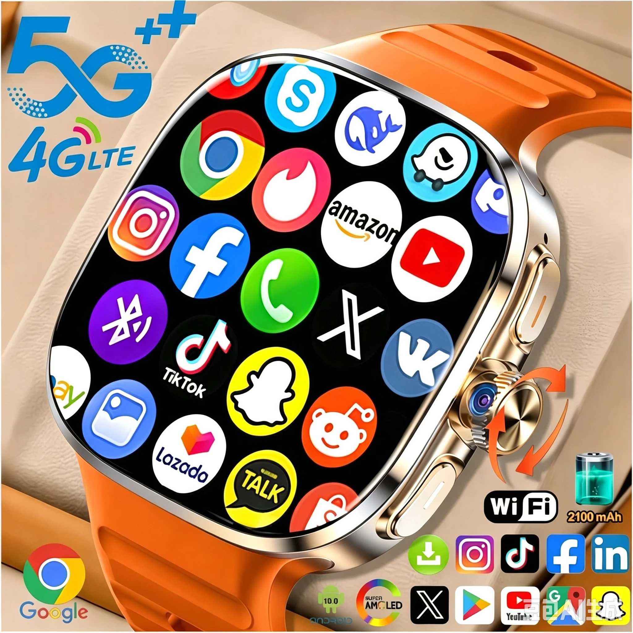 5G/4G LTE Smartwatch Android 10.0 2.4inch Amoled Smart Watch With 190° Rotary Camera NFC GPS WIFI Video Calling 2100Mah Battery