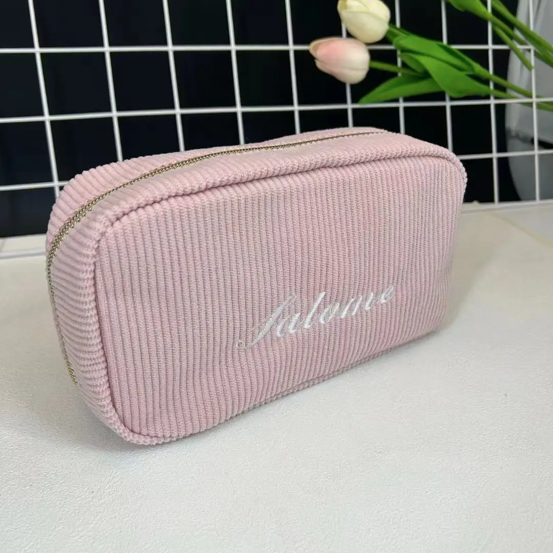 Custom Cosmetic Bag Corduroy Travel Personalized Portable Name Makeup Storage Bag Women Zipper Make Up Organizer Storage Clutch