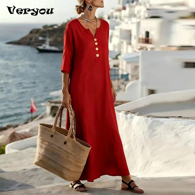 

Women Summer Casual V Neck Button Solid Color Long Dress Women Elegant 3/4 Sleeve Beach Holiday Loose Dresses Boho