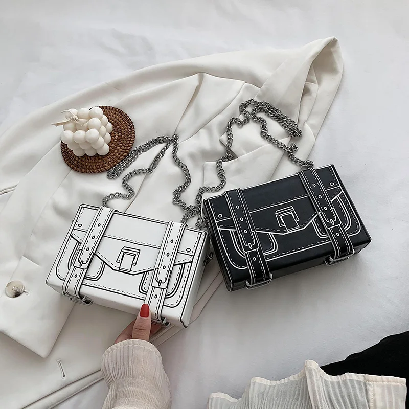 Black and White Box Design Women Casual Purses and Handbags Fashion Clutch Bag Shoulder Chain Bag 2021 Crossbody Bag Pu Leather