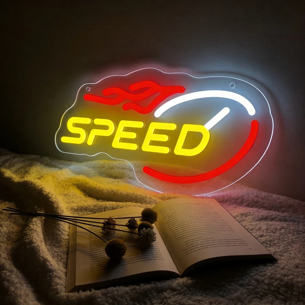 

SPEED Neon Sign with Flame Gauge Design LED Wall Art for Gaming Room Sports Bar Man Cave Decor Racing Victory Motivational Gift