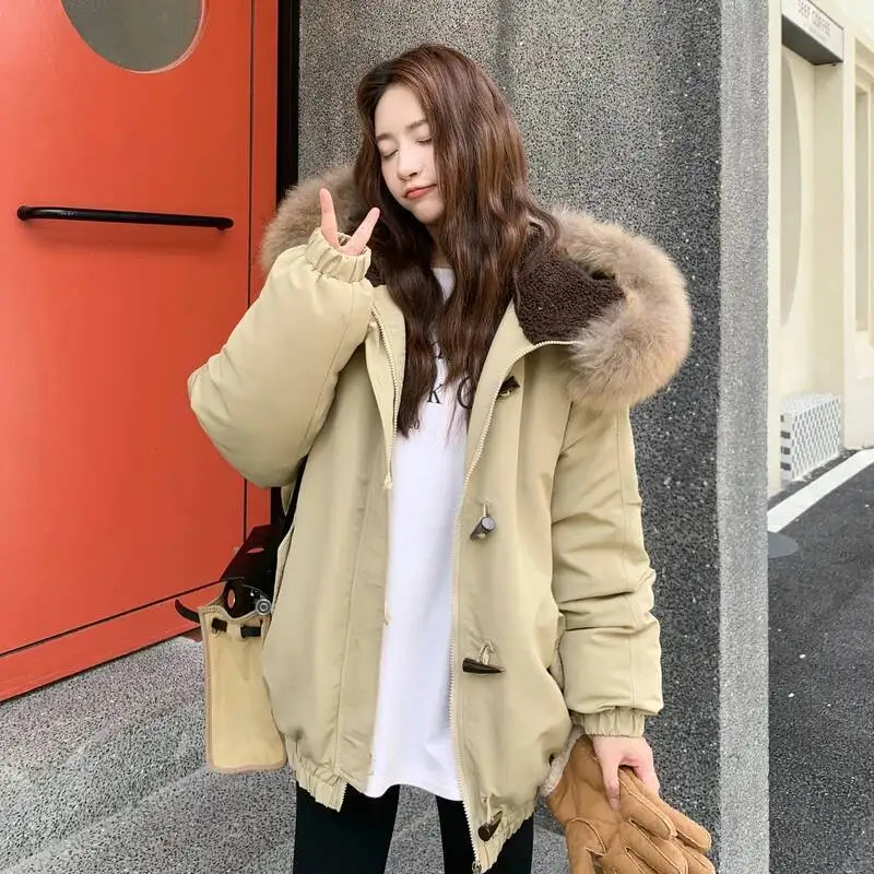 

2025 New Raccoon Fur Collar Tooling Cotton Padded Jacket Women's Winter Warm Hooded Windproof Loose Parka Coats Trend