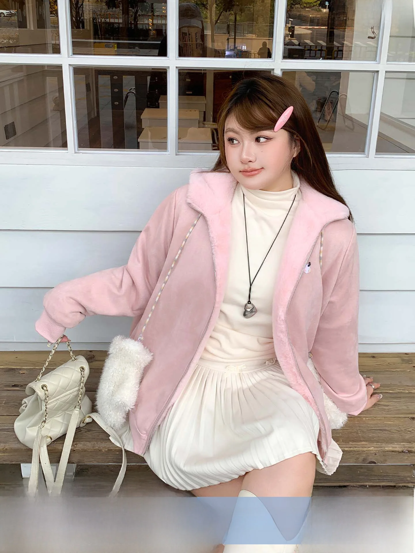 

YUZI Fi Roe Sweet Cool Artificial Rabbit Fur Pink Suede Jaet Hooded Zipper Women Thi Loose Versatile Slimming Large Size