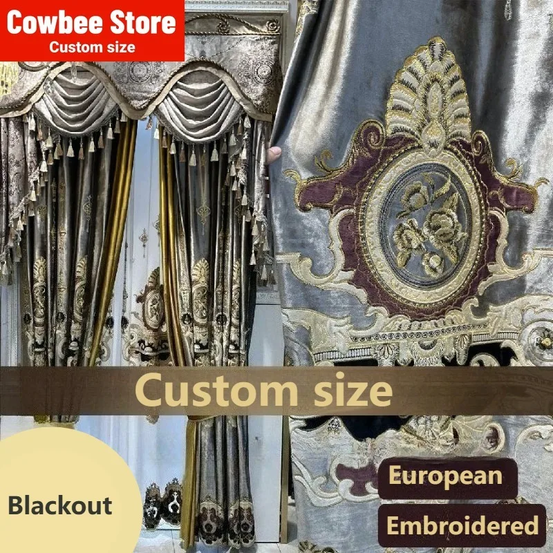European Luxury Champagne Golden Velvet Embroidery Curtains for Living Room Bedroom Dining Blackout Custom Size Tulle Valance