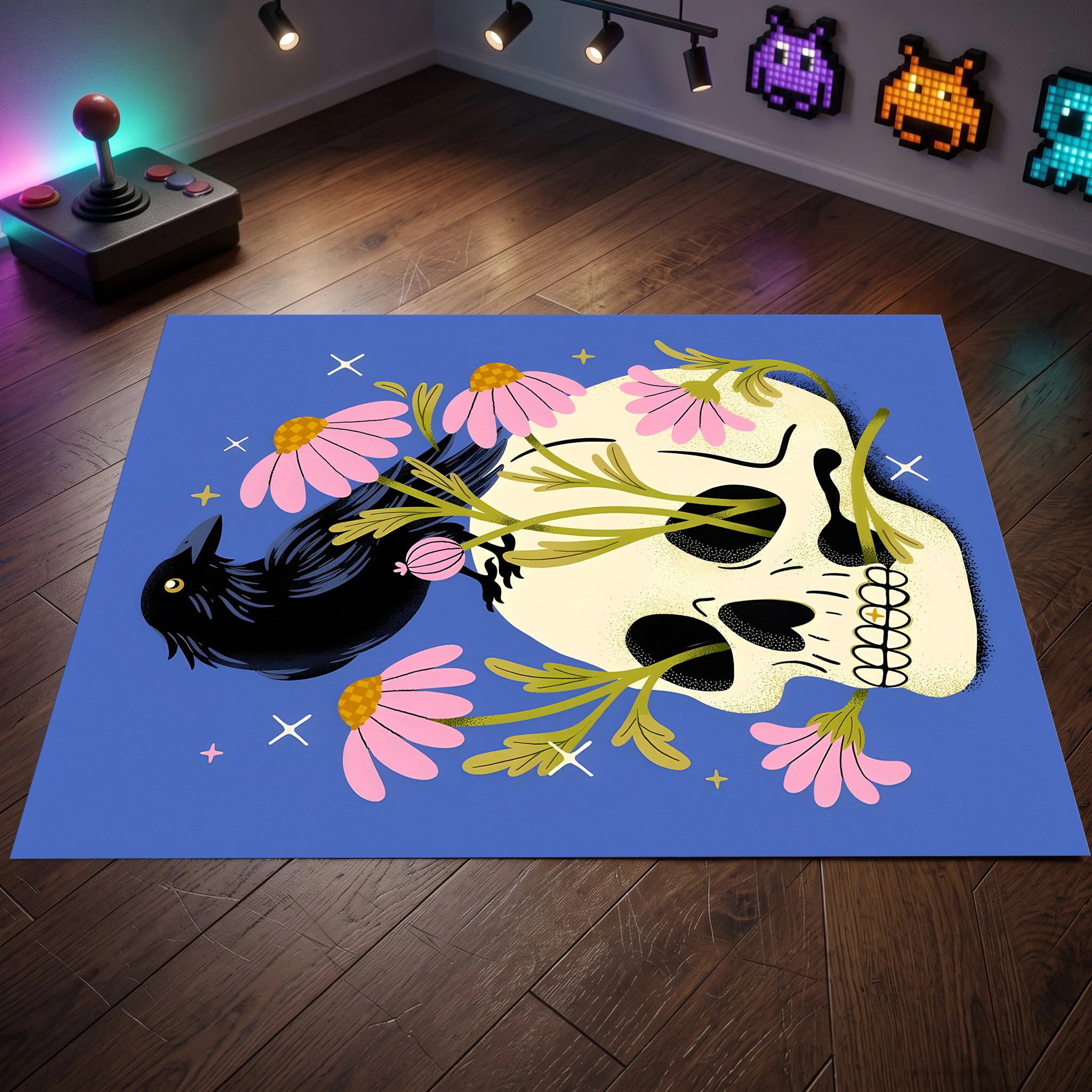 Skull Crow Pink Chrysanthemum 2D Area Rug in Quirky Dark Style for Living Room and Entryway, Halloween Party Decor