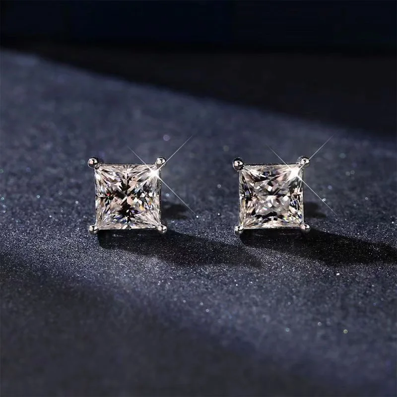 

Quality Moissanite Earrings For Women Men Four Claw Princess Cut Square Simulated Diamond Ear Studs 925 Silver Jewelry