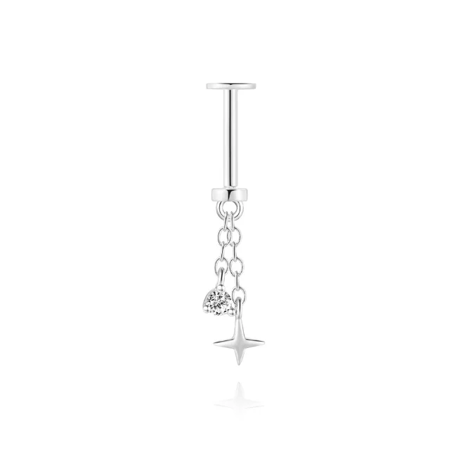 AIDE 925 Sterling Silber Kite Stone Zirkon Flachkopf-Innengewinde-Piercing für Damen, Sternkette, Quasten-Accessoires, Schmuck