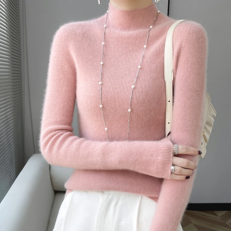Jersey de lana 100% ajustado para mujer, ropa interior clásica de Cuello medio alto, Color sólido, 23, Otoño e Invierno