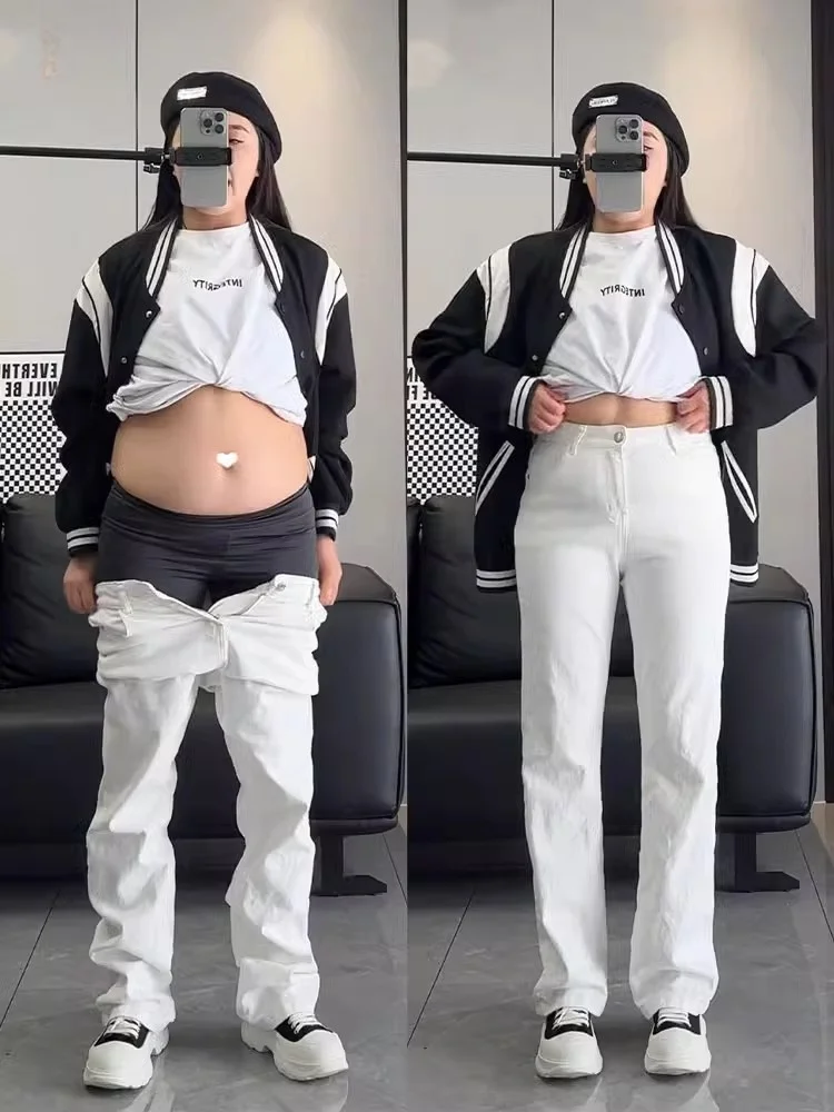 

Прямые джинсы с высокой талией, женские большие размеры, облегающие бедра, груша, ape, узкие широкие брюки для похудения, осенние белые джинсовые джинсы