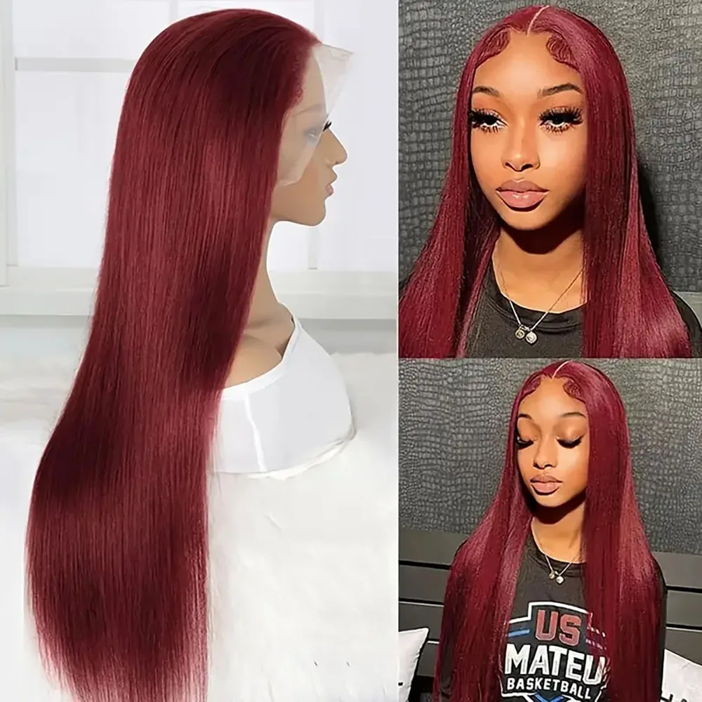 Perucas frente do laço transparente HD para mulheres, pré-arrancadas cabelo humano reto, cor Borgonha, 99J, 200 Densidade, 13x4