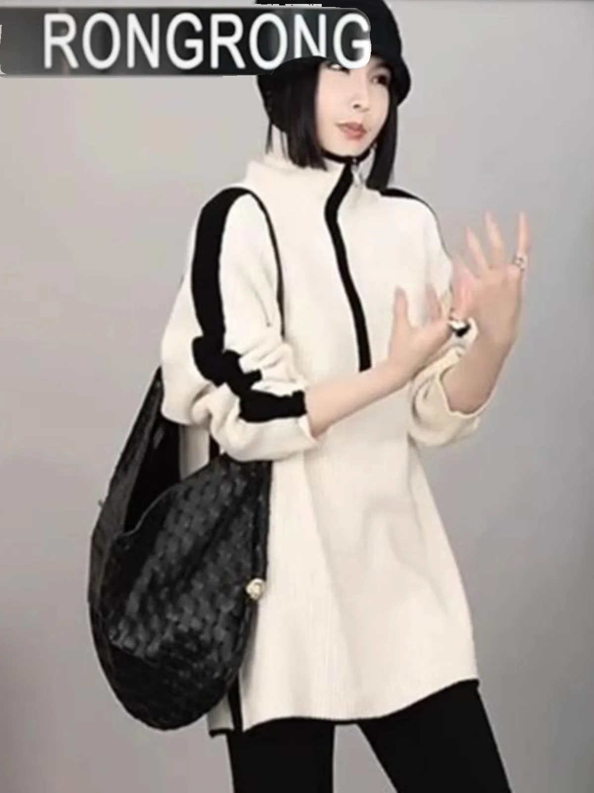 

Faionable Color Blo Design Свободный длинный вязаный свитер Све женский зимний новый повседневный утягивающий топ с воротником-стойкой