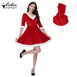 Color Cosplayer Christmas Dress Women Santa Claus Cosplay Costume Red V Neck Short Dress Hooded Xmas Party Dress Women Outfits
