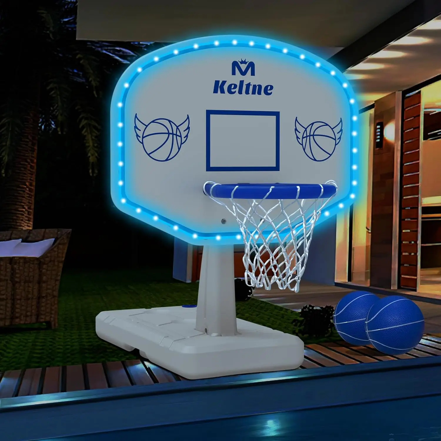 

High Brightness LED Solar Pool Basketball Hoop, 34x34x42.2 Inches, Oversized Swimming Pool Toy Set with 2 Balls and Air Pump for Water Basketball Game, Suitable for Kids and Adults