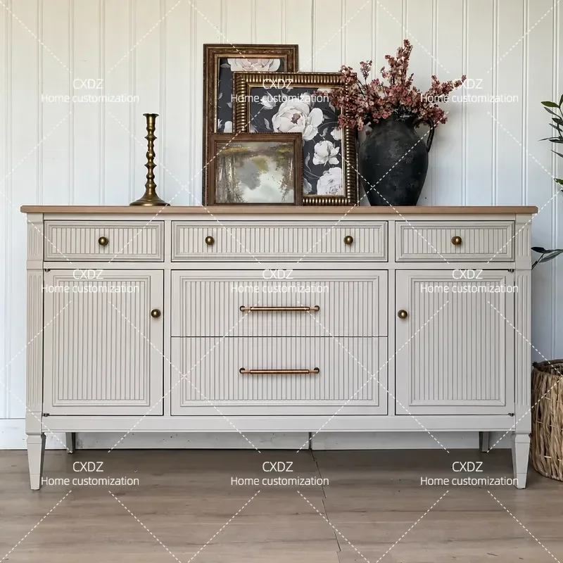French Retro Solid Wood Bucket Cabinet Vertical Pattern Color Matching Storage Side Cabinet for Living Room Bedroom Small