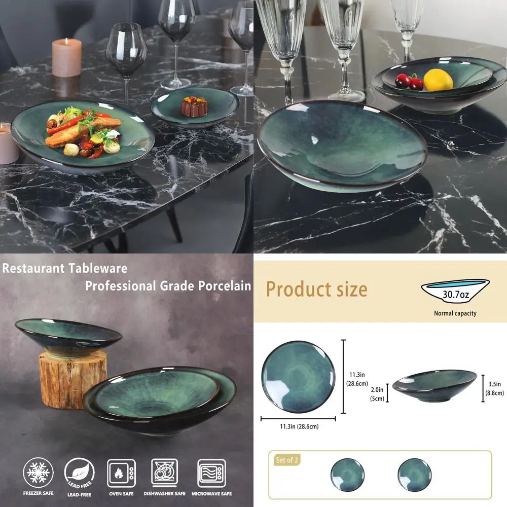 

Set of 2 Ceramic Pasta & Salad Plates - Modern Dinnerware for Entertaining, Ideal for Fruit, Salad, and Serving