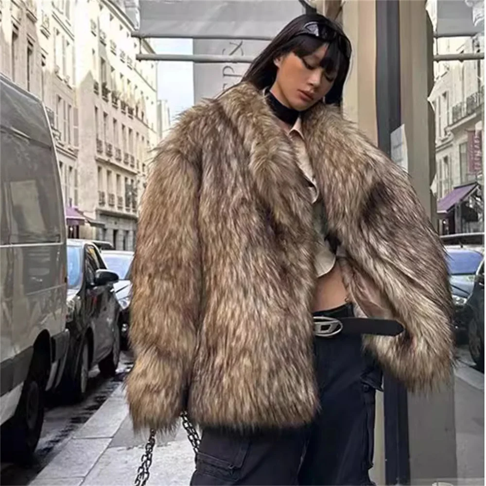 Winter namaakbontjassen Dames Winter Nieuw in jassen V-hals Volledige mouwen Pluche pluizige dameskleding Warme milieuvriendelijke bovenkleding