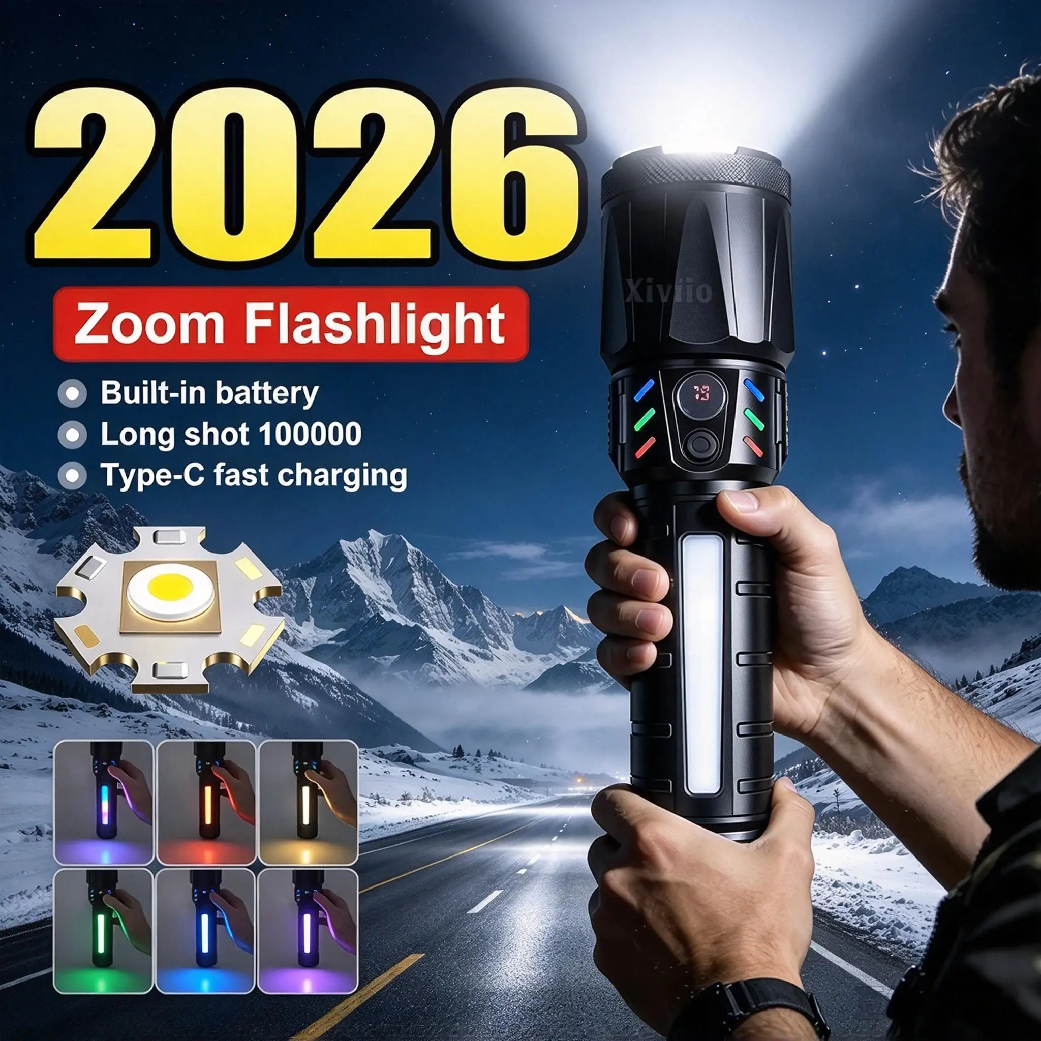 Xiviio New Strong Light  Flashlight Outdoor Portable USB Side Super Light Zoom Flashlight Long Range Shooting Multifunctional