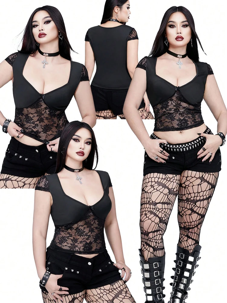 Plus Size  Sexy V-neck Bow Lace Sheer Blouse  Slim-fit Top    Y2K Style  Halloween Collection Black Cat T-shirt