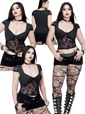 Plus Size  Sexy V-neck Bow Lace Sheer Blouse  Slim-fit Top    Y2K Style  Halloween Collection Black Cat T-shirt