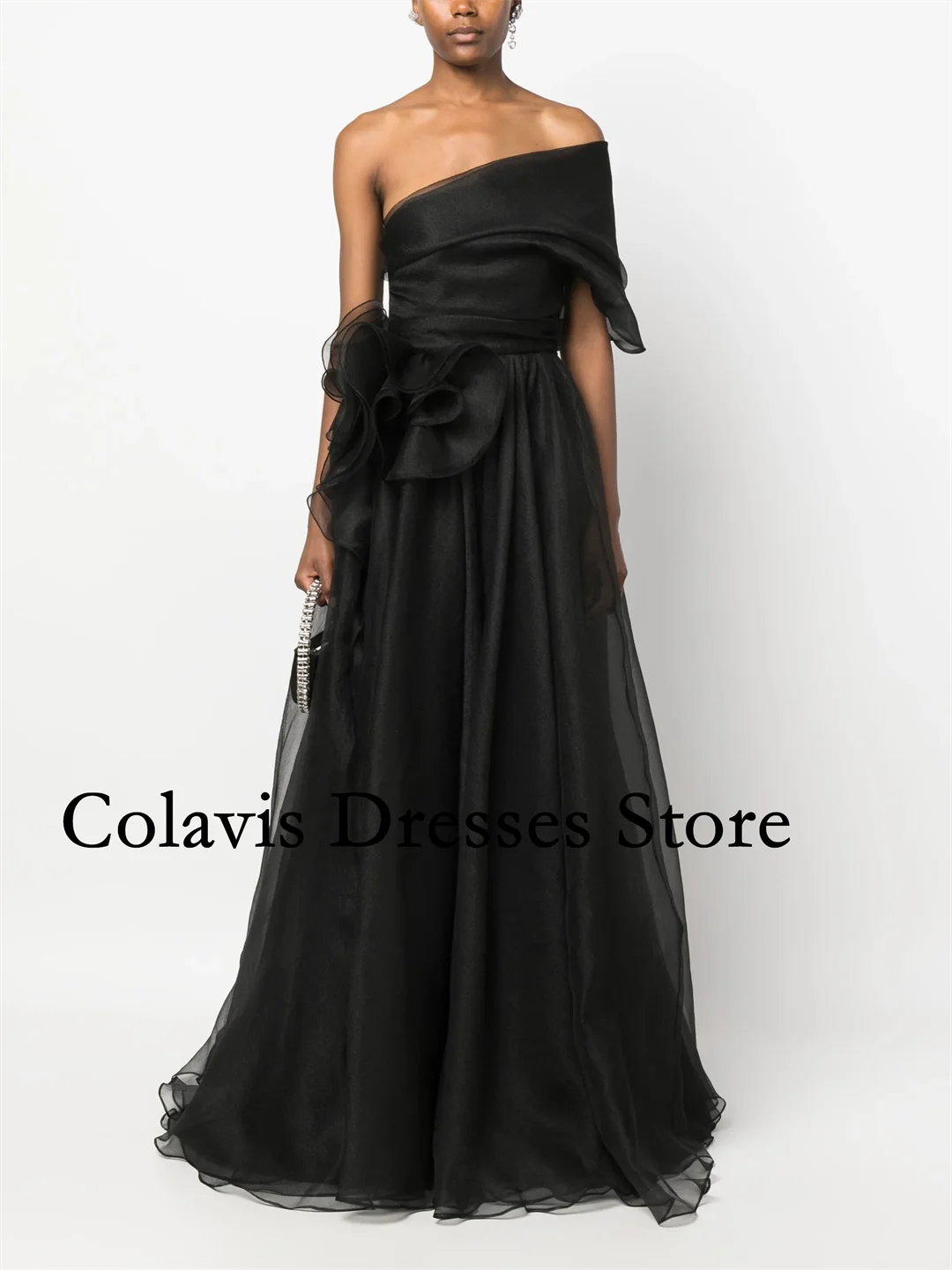 

2025 Customized One-Shoulder Side Slit Black Organza A-Line Prom Dresses Evening Dress Women Evening Gowns Formal Party Dress