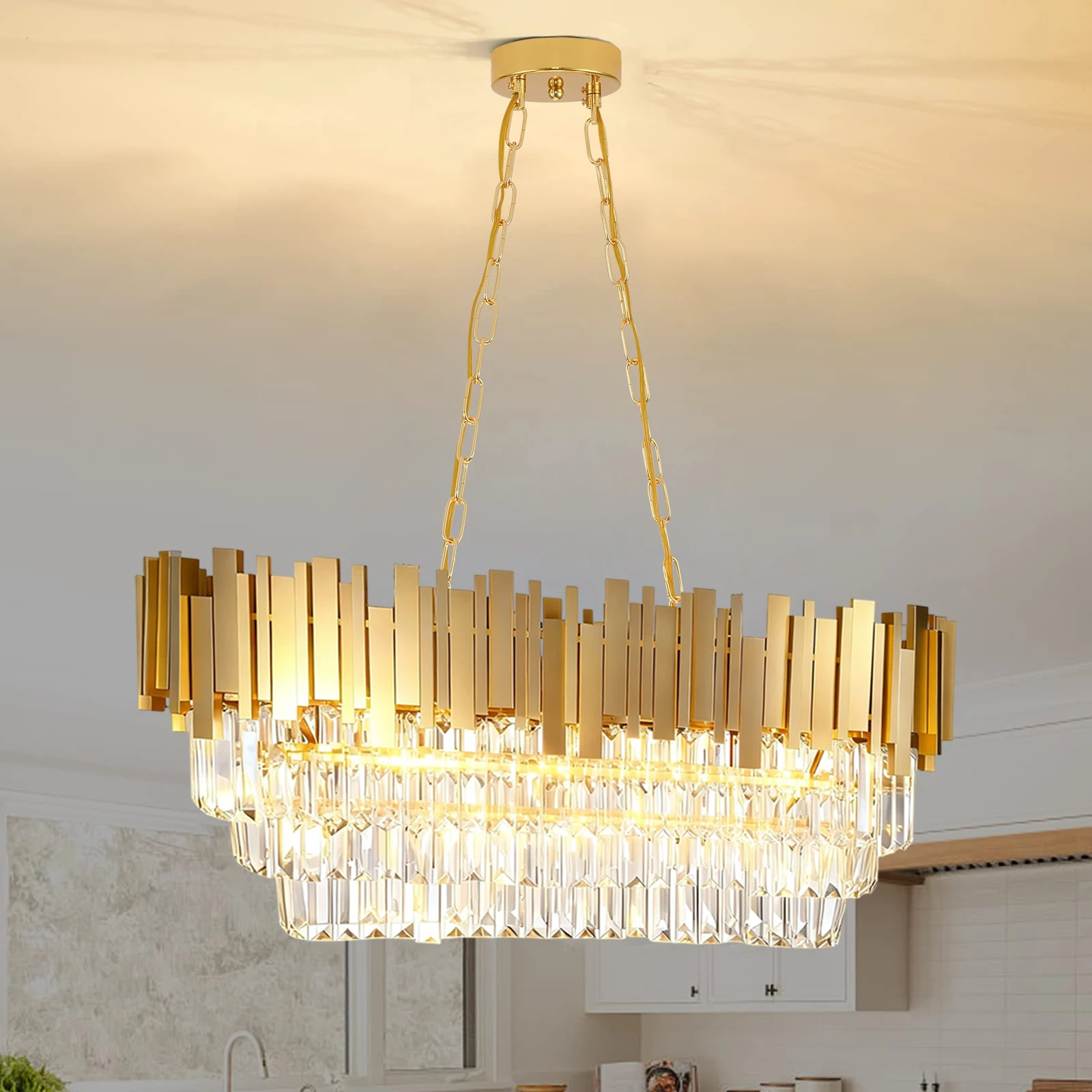 Candelabro de cristal de lujo moderno, candelabro de cristal dorado, candelabro de gota de agua de 3 capas, accesorios de iluminación, comedor, mesa, f