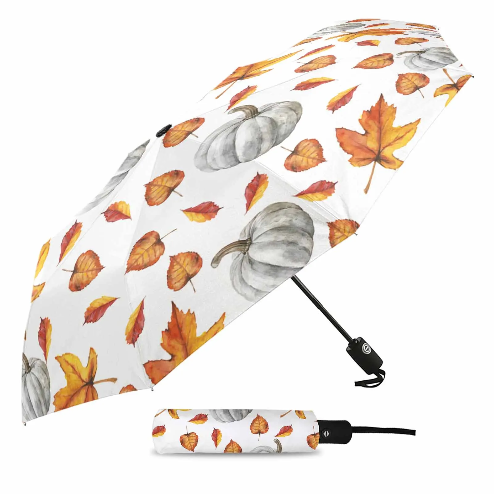 Autumn Thanksgiving Watercolor Leaves Pumpkin Outdoor Fully-automatic Folding Eight Strands Umbrellas for Kids Printed Umbrella