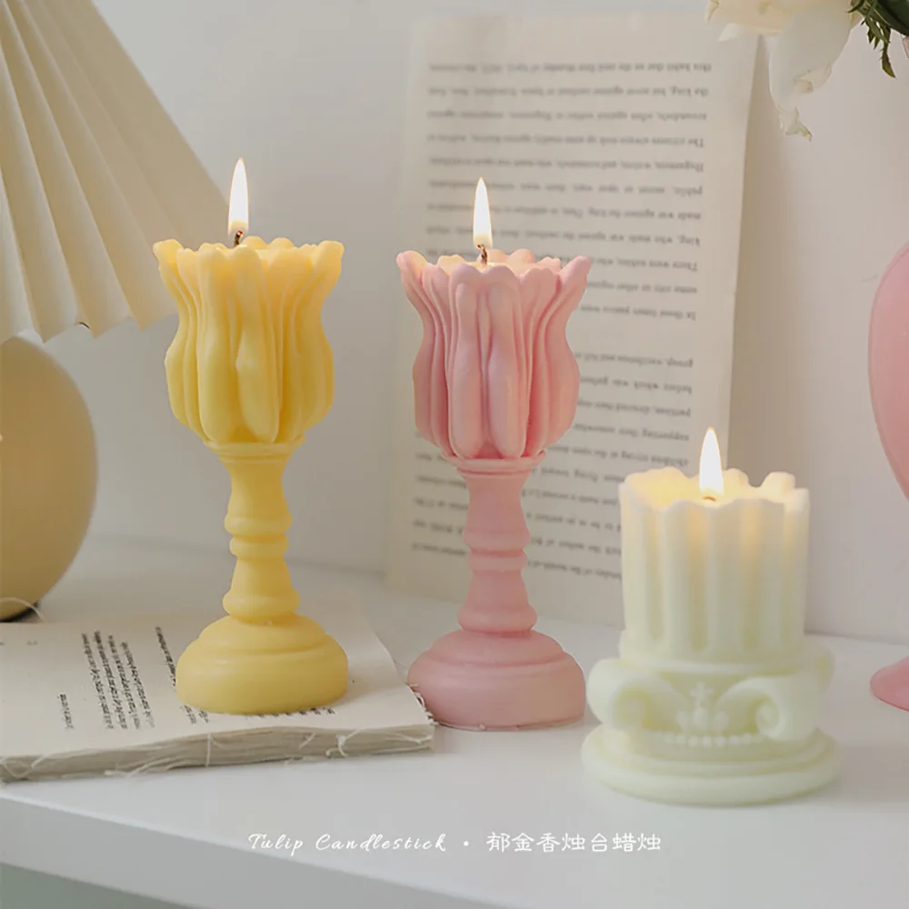 

Ins Tulip Flower Candle Holder Handmade Birthday Scented Ornaments Decorative Modeling Flameless Candles Home Decoration