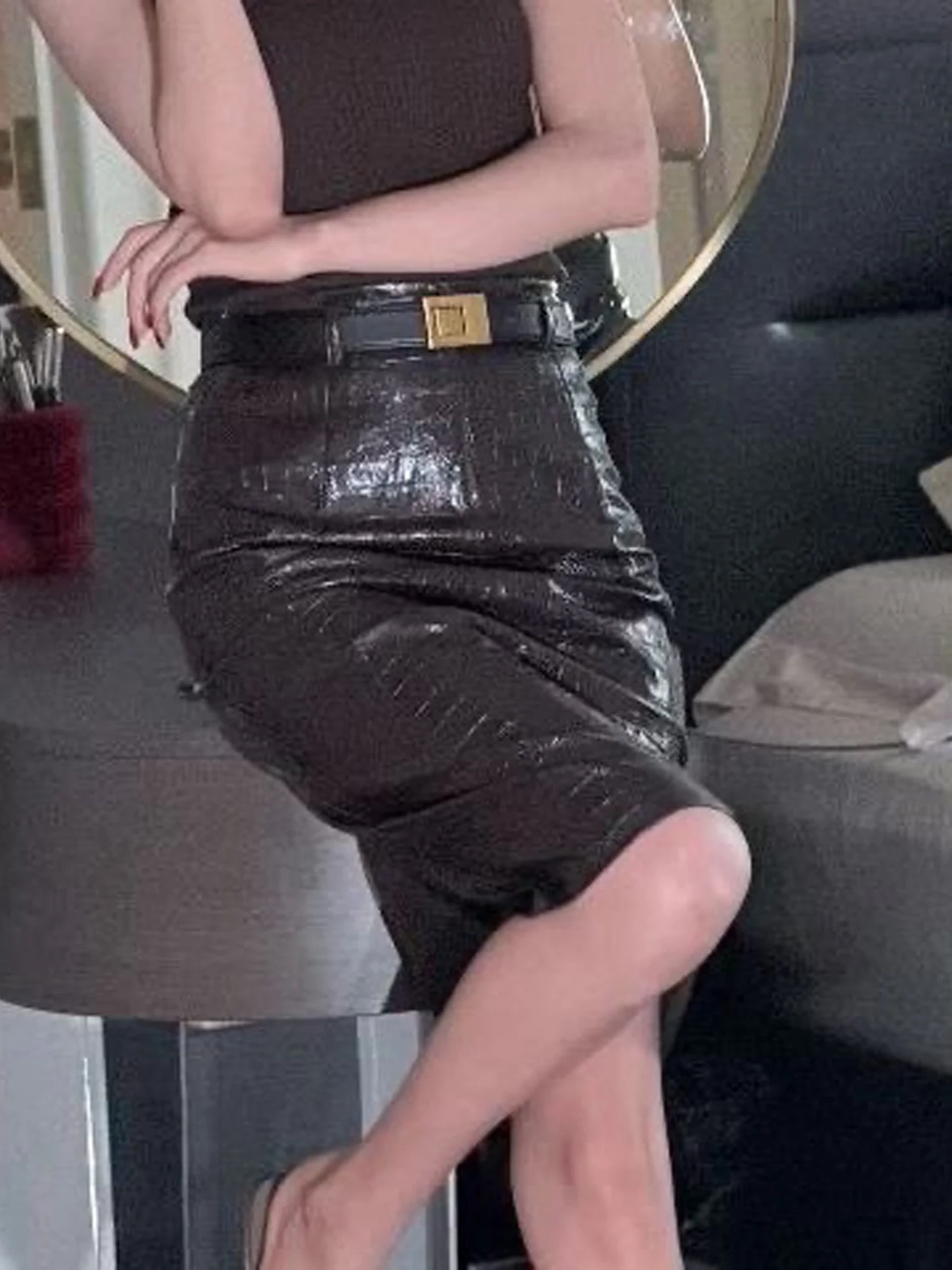 High Waist PU Leather Half Skirt Women's Fashionable Stone Pattern Slimming Versatile  Skirt Spring Autumn Seasonal