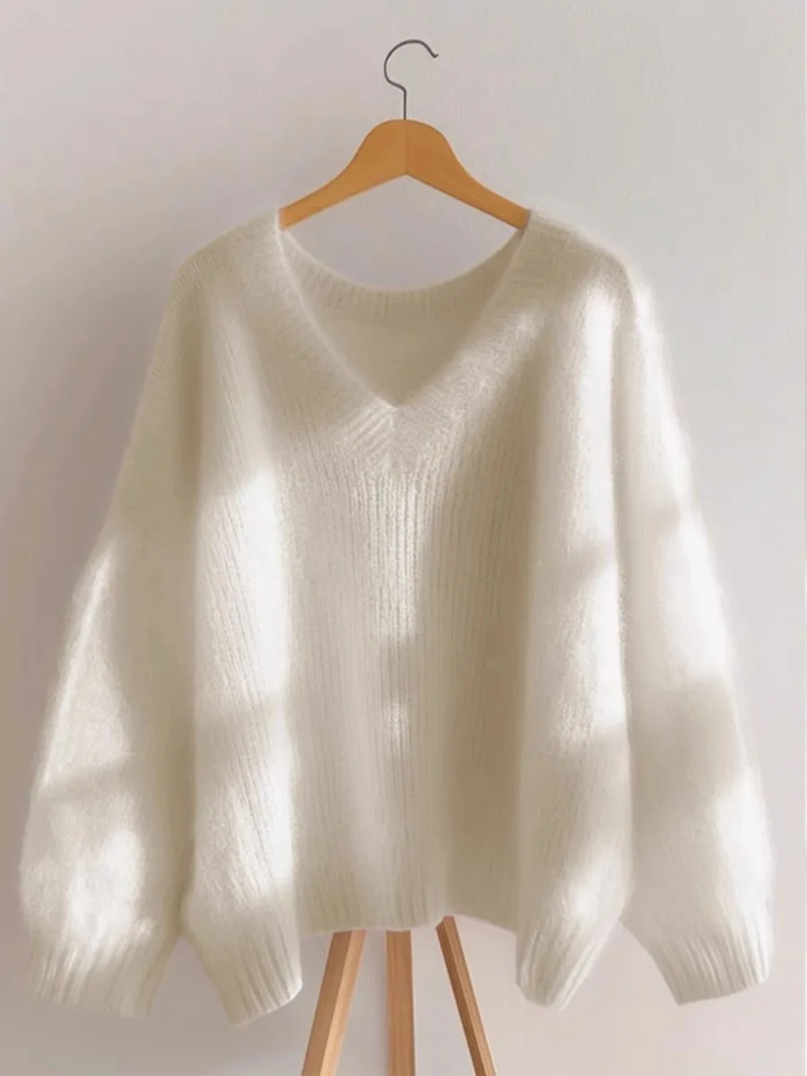 

Свободный женский белый пуловер с v-образным вырезом, трикотаж, осень-зима, универсальный длинный шерстяной топ, корейский Sle для поездок на работу