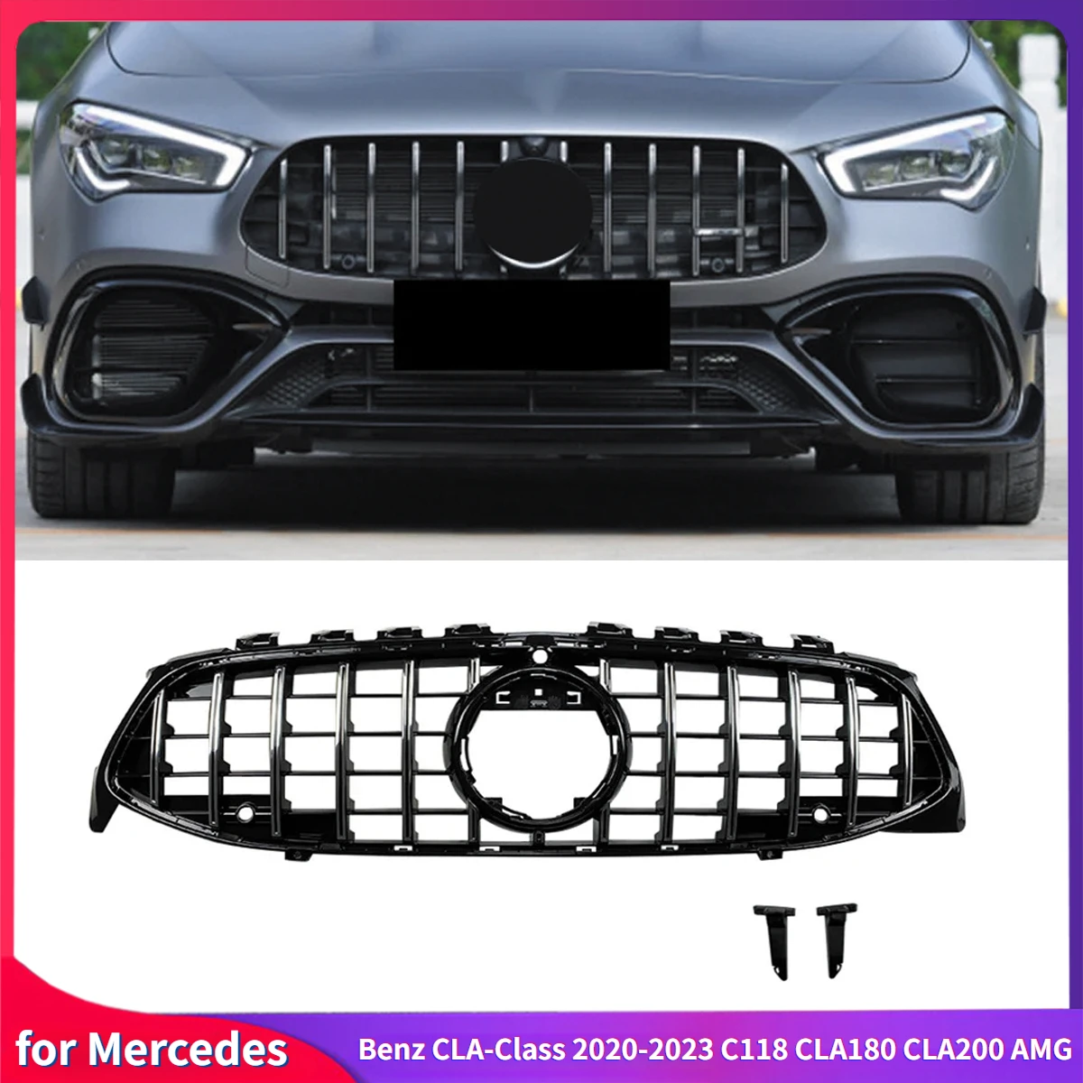 For Mercedes-Benz CLA-Class 2020-2023 C118 CLA180 CLA200 AMG Line GT Front Grille Grill Net Decoration Grille Guard Gloss Black