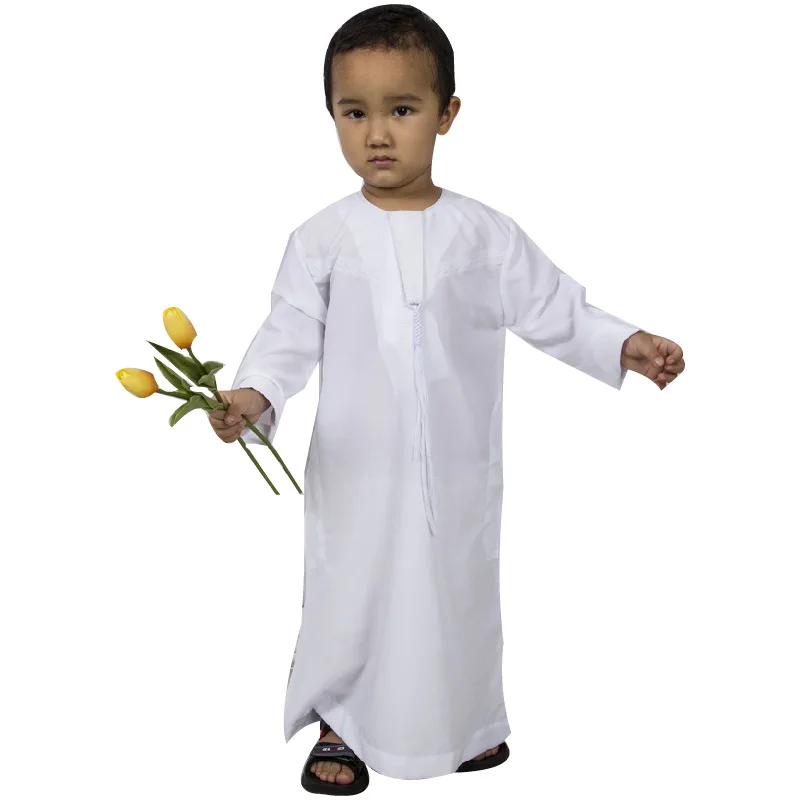 

Kurtas Middle Eastern Children Embroidered Round Neck and Drawstring Ethnic Clothing in A White Robe