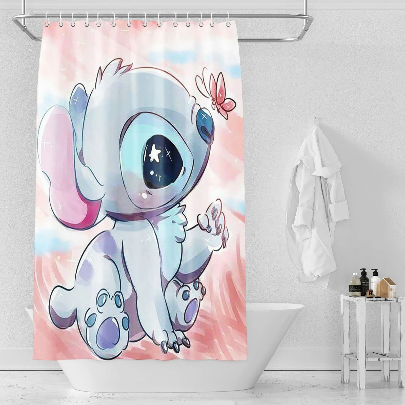 Stitch Toilet Accessories Bathroom Shower Curtain Waterproof Anime Home Curtains For Living Room Sets Luxury Full Set