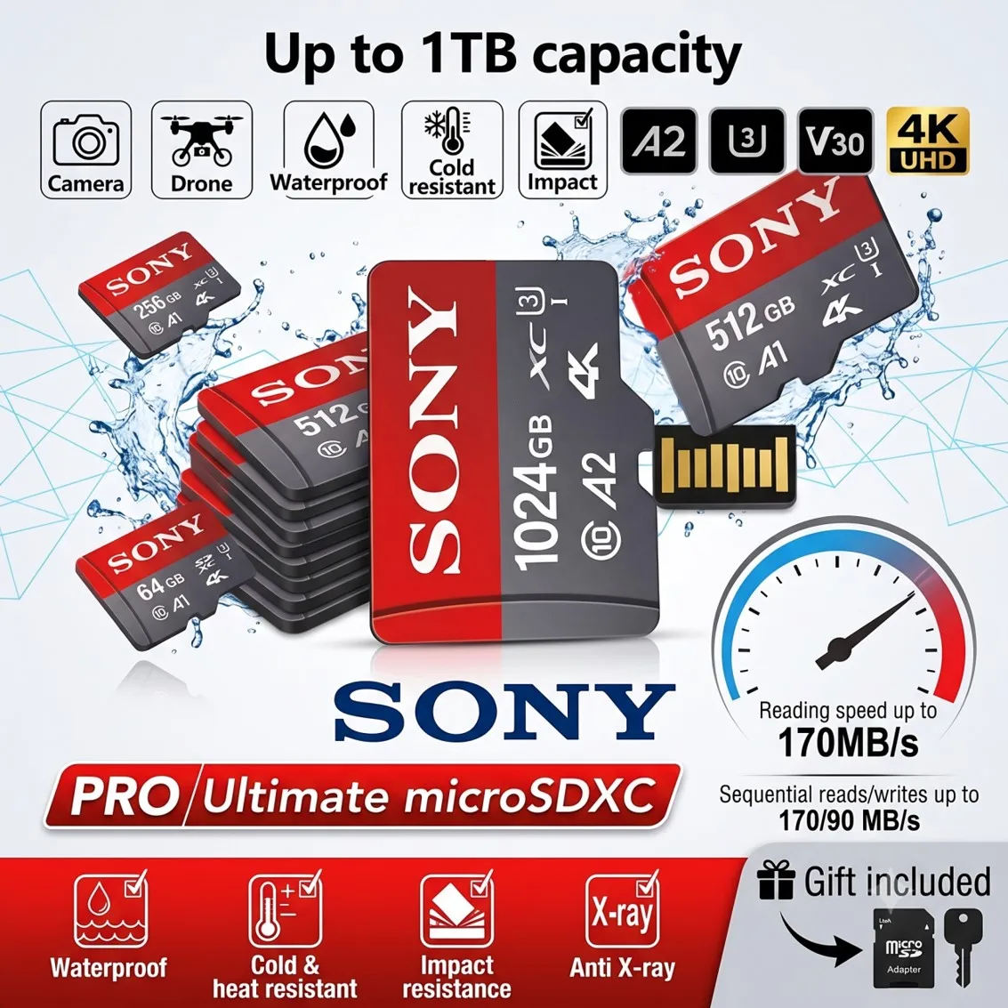 SONY  64G 128G 256GB 512GB 1024GB Micro TF SD Flash Memory Card For Smartphone UAV Monitor High Speedsd card classe 10 microsd
