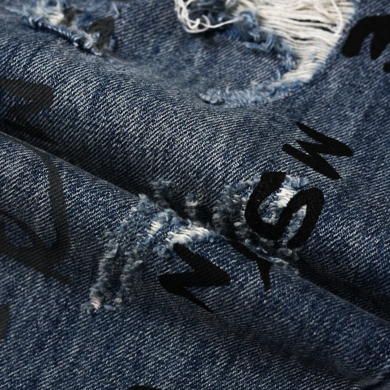 Street ripped jeans men's fashion hip-hop fashion printing Y2K washed-out vintage loose denim pants
