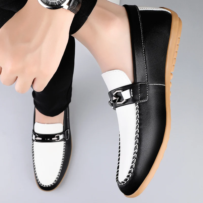 Fashionable Loafers Brand Urban Business Elegant Leather Shoes Color Blocking Design Men Casual Handmade Anti Slip Driving Shoes