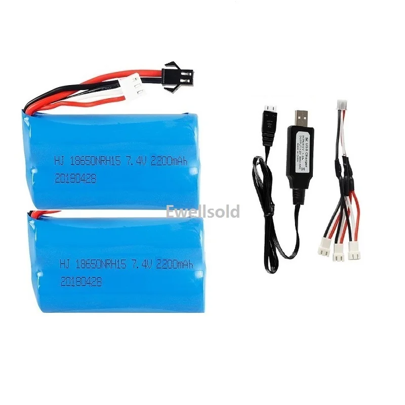 Batterie Eddie ion 2S 7.4V 2200 mAh 18650, prise SM/USB pour WPL MN99S D90 U12A S033g Q1 H101 H103 RC, voitures, camions, bateaux, tank pie