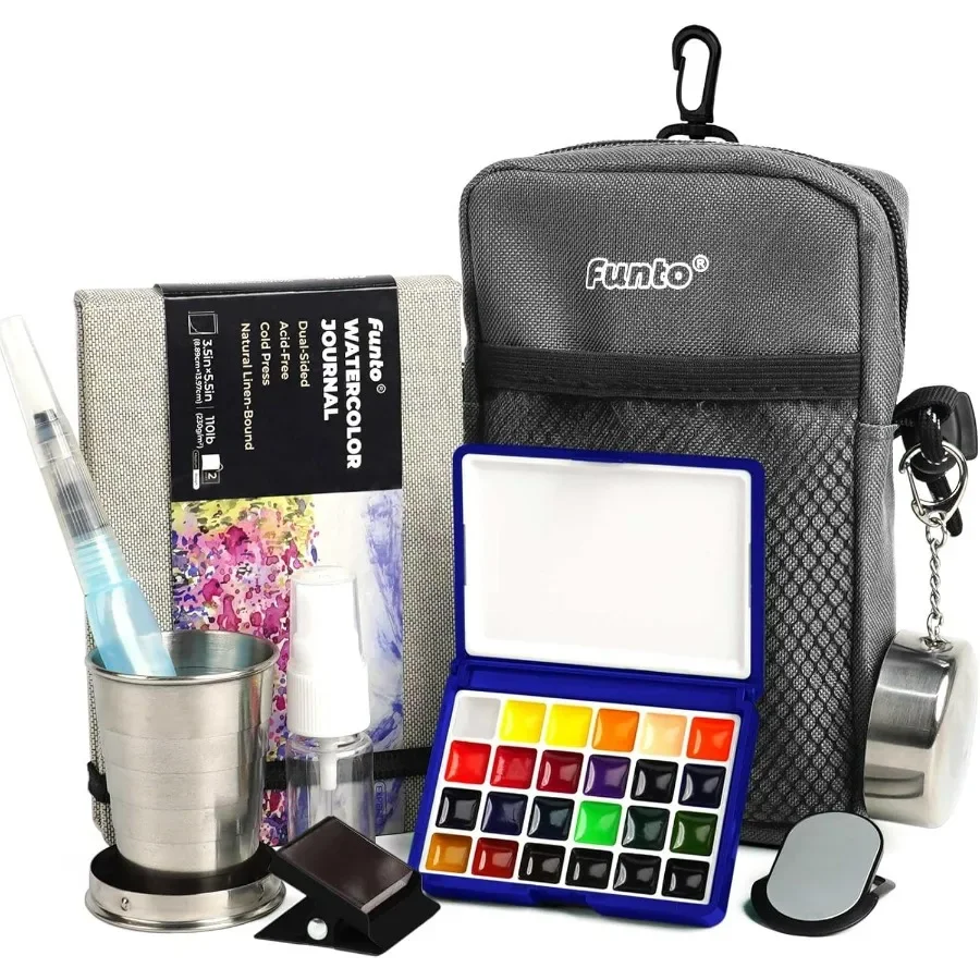ชุดสีน้ำสำหรับเดินทางแบบออลอินวันขนาดกะทัดรัด 24 สี พร้อมกระเป๋าคาดลำตัว สมุดบันทึกสีน้ำ ถ้วยน้ำสำหรับผสมสี และปากกาขนาดพกพา