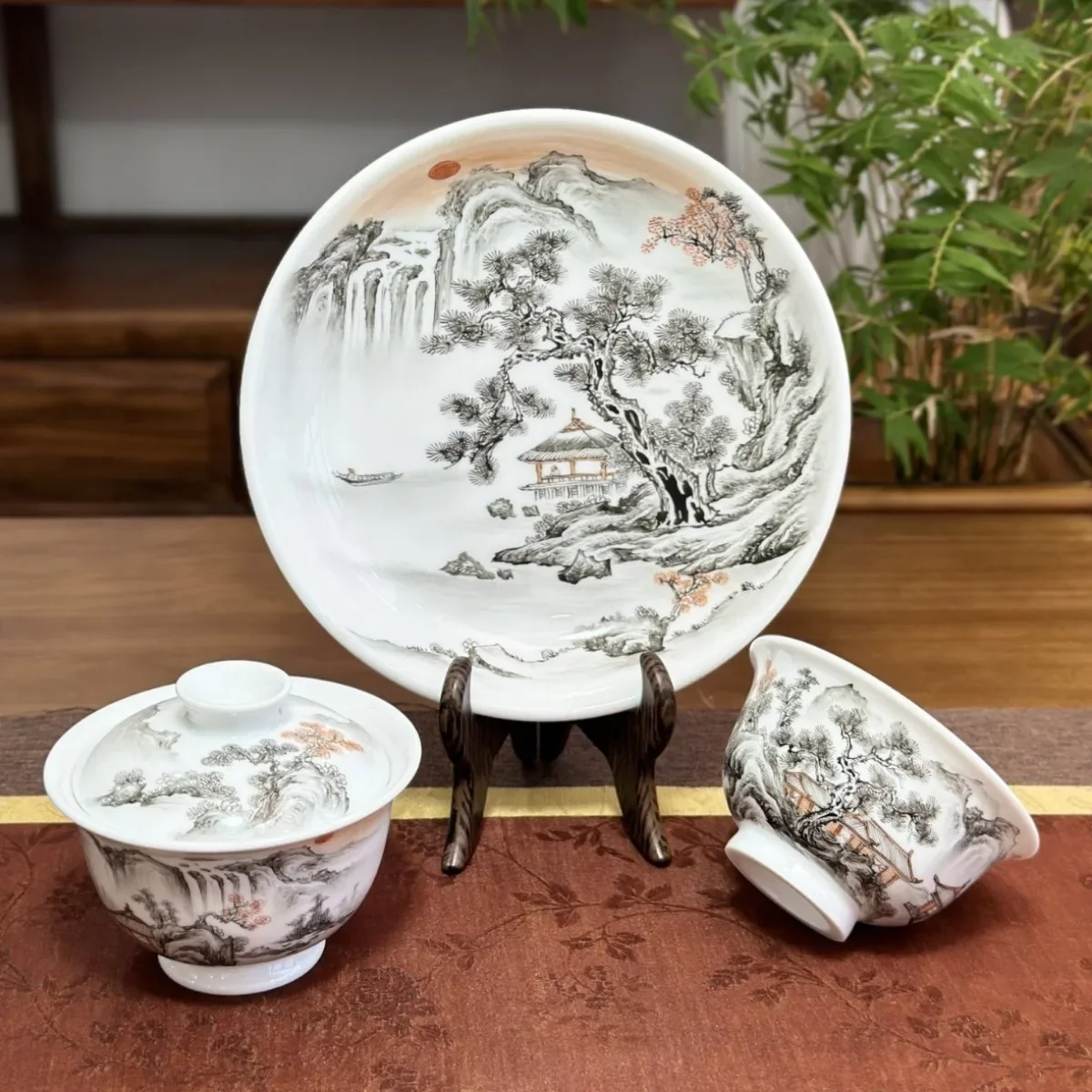 Jingdezhen ink color cover bowl pressure cup pot bearing three-piece set of intangible cultural heritage ceramics