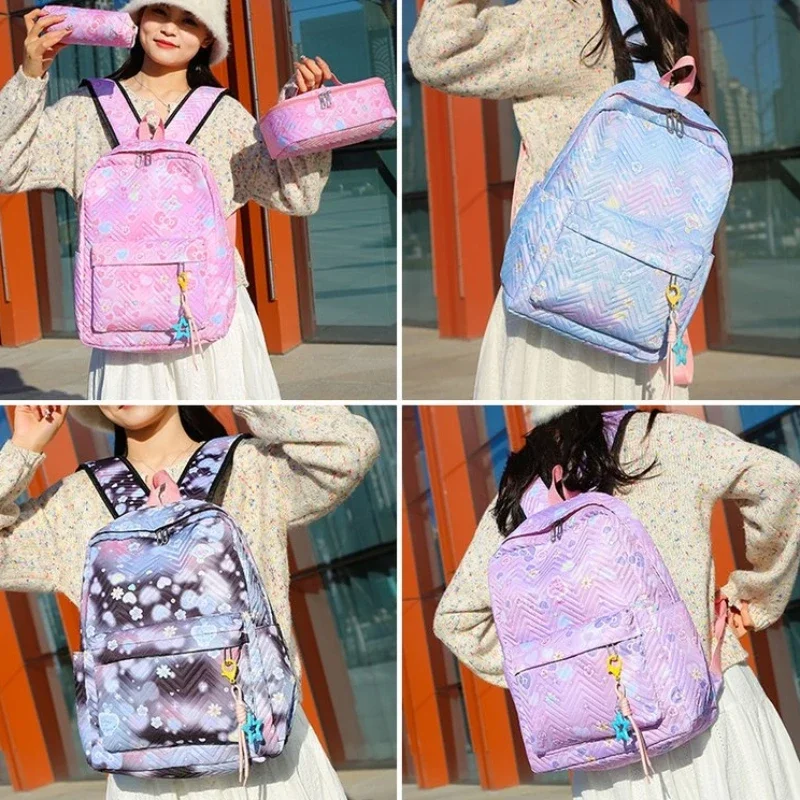 New Design Flower Printed Primary Junior High University Bookbag Lunch Bag Pencil Case 3pcs Backpack Sets Youth School Backpack