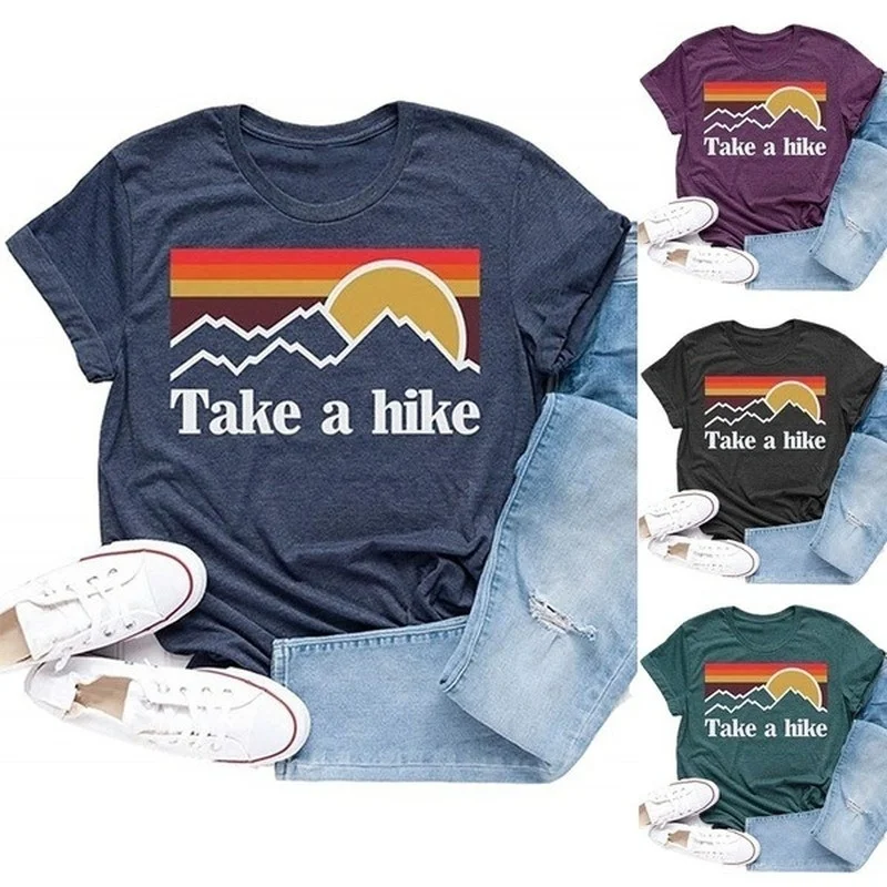 

T-shirt Short sleeve Women's round neck, loose, printed with "hiking" DW245