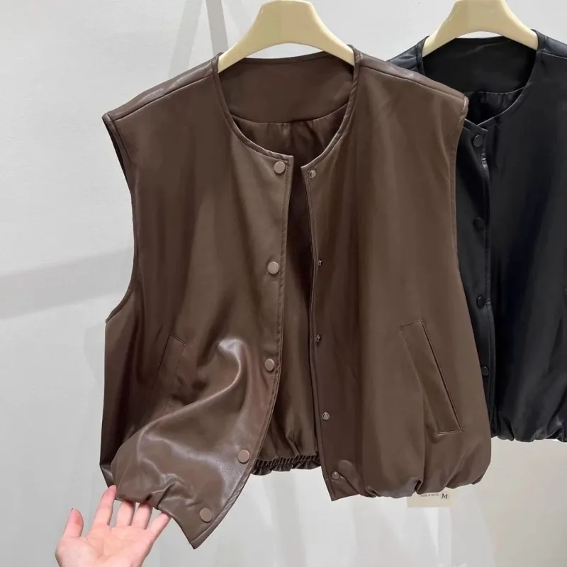 

Tops Women's Autumn Crew Neck Solid Color Sleeveless Faux Leather Jacket Vest Outerwear Korean Style Layering Waistcoat Niche