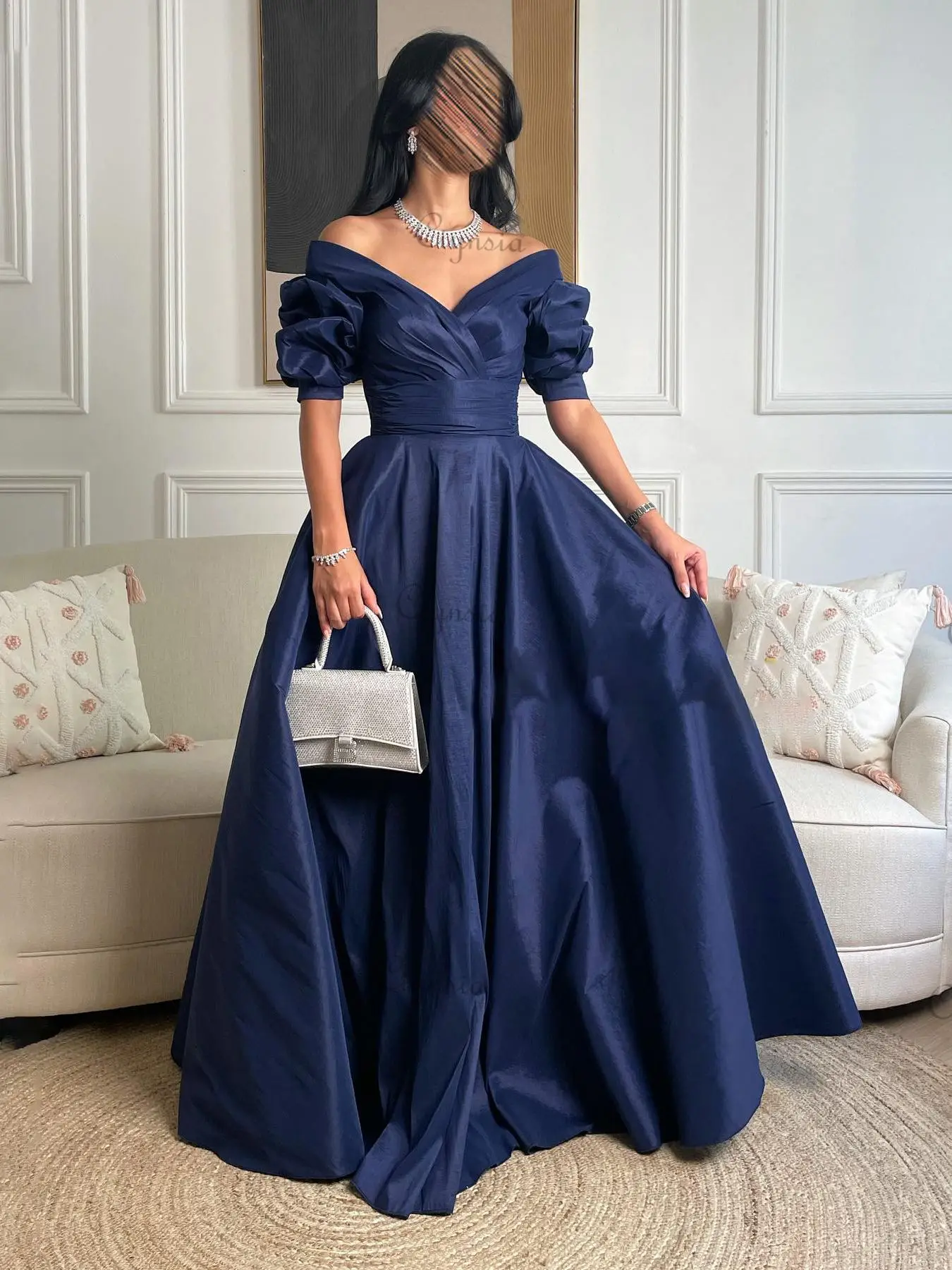 Ciynsia Dark Blue V-Neck Off Shoulder Evening Dresses Long A-Line Satin Formal Dress 2023 Simple Elegant Prom Gowns Party Women