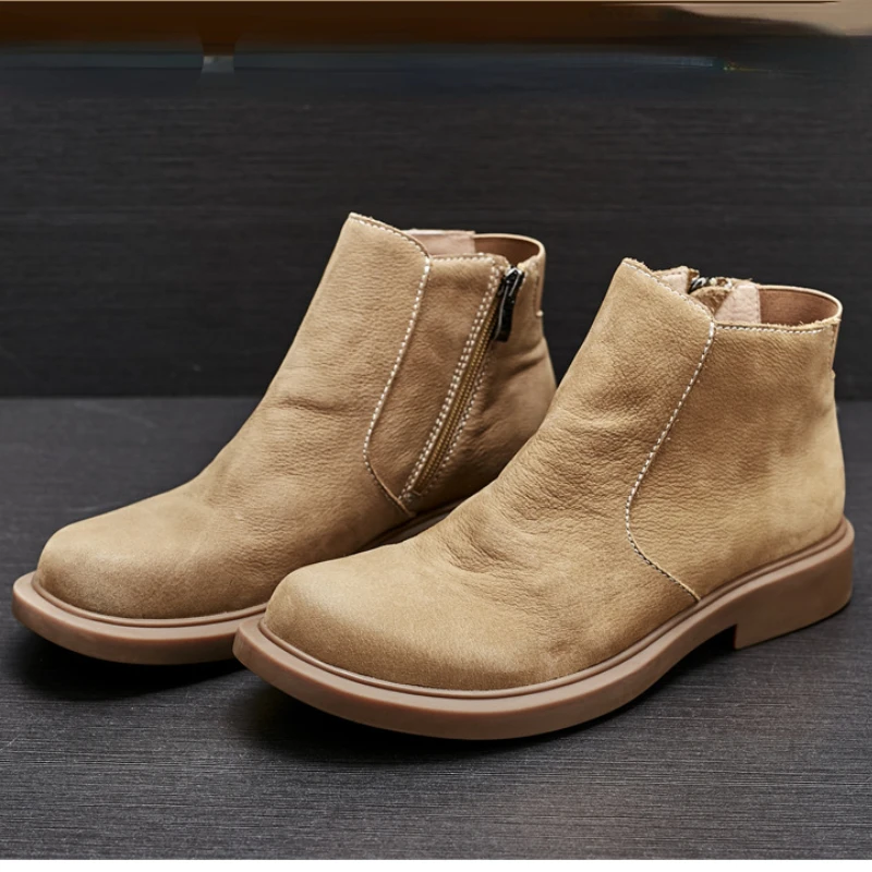 Genuine Leather Cowhide Men Ankle Chelsea Boots Luxury Handmade Quality Comfortable Retro Round Toe Autumn Business Shoes Man