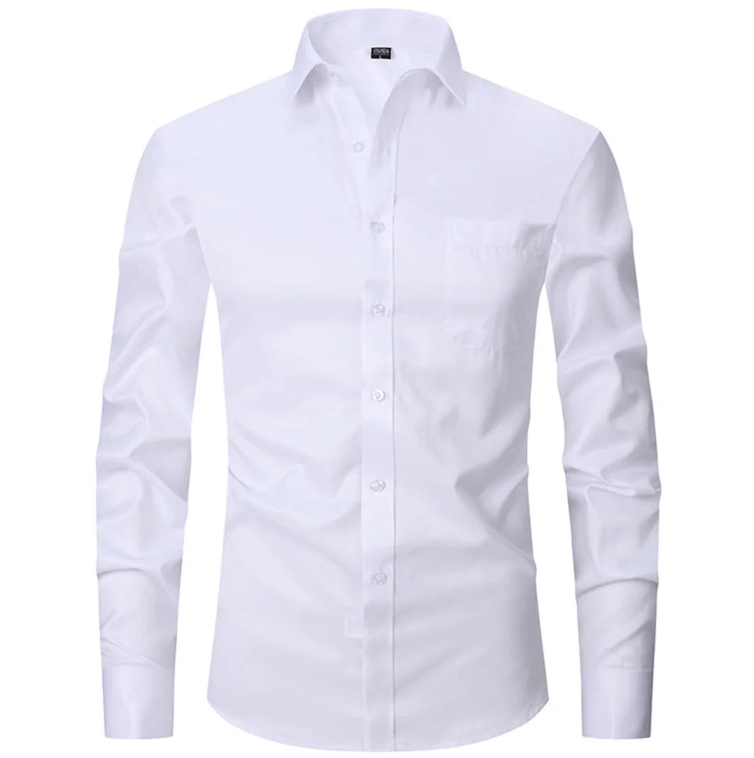 French business dress long sleeved white shirt men's solid color