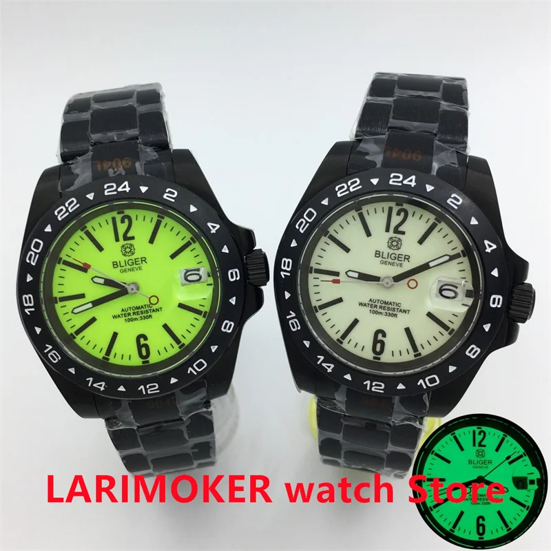 BLIGER New NH35 Watch 40mmPVD Coated case Fixed watch ring Fluorescent green/white dial Full Luminous Sapphire Glass Men's watch