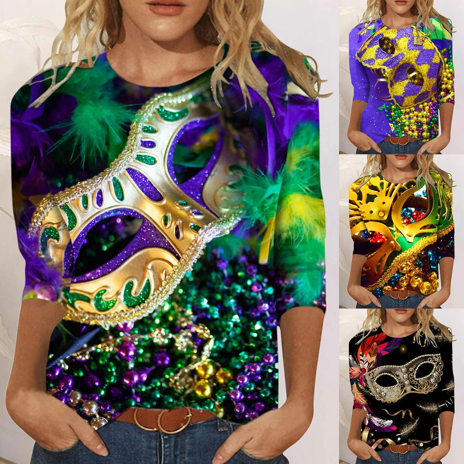 Mardi Party Womens Happy Holidays Printed 3/4 Length Sleeve O Neck T Shirt Top Blouse Carnival Festival  Celebration